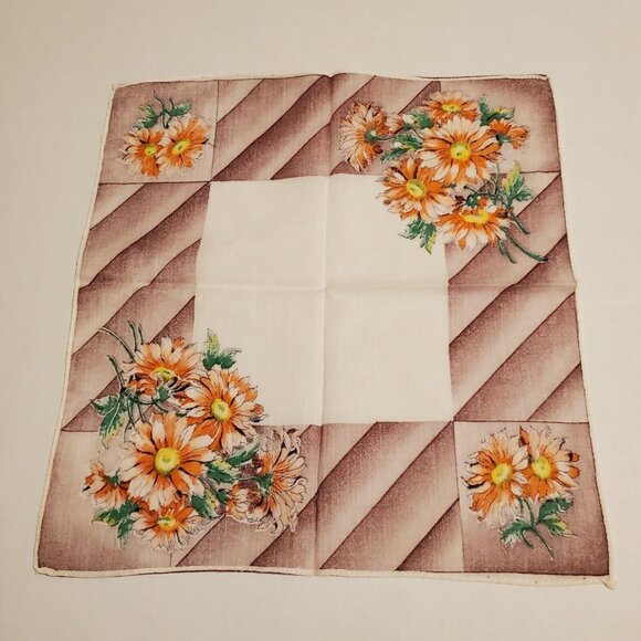 Vtg Floral Handkerchief Orange Daisey Brown Green 11"x12" Retro Fall Colors - Picture 6 of 8
